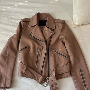 New ALLSAINTS Balfern Belted Leather Biker Jacket US 2 EU 34 Pink Mauve Rose